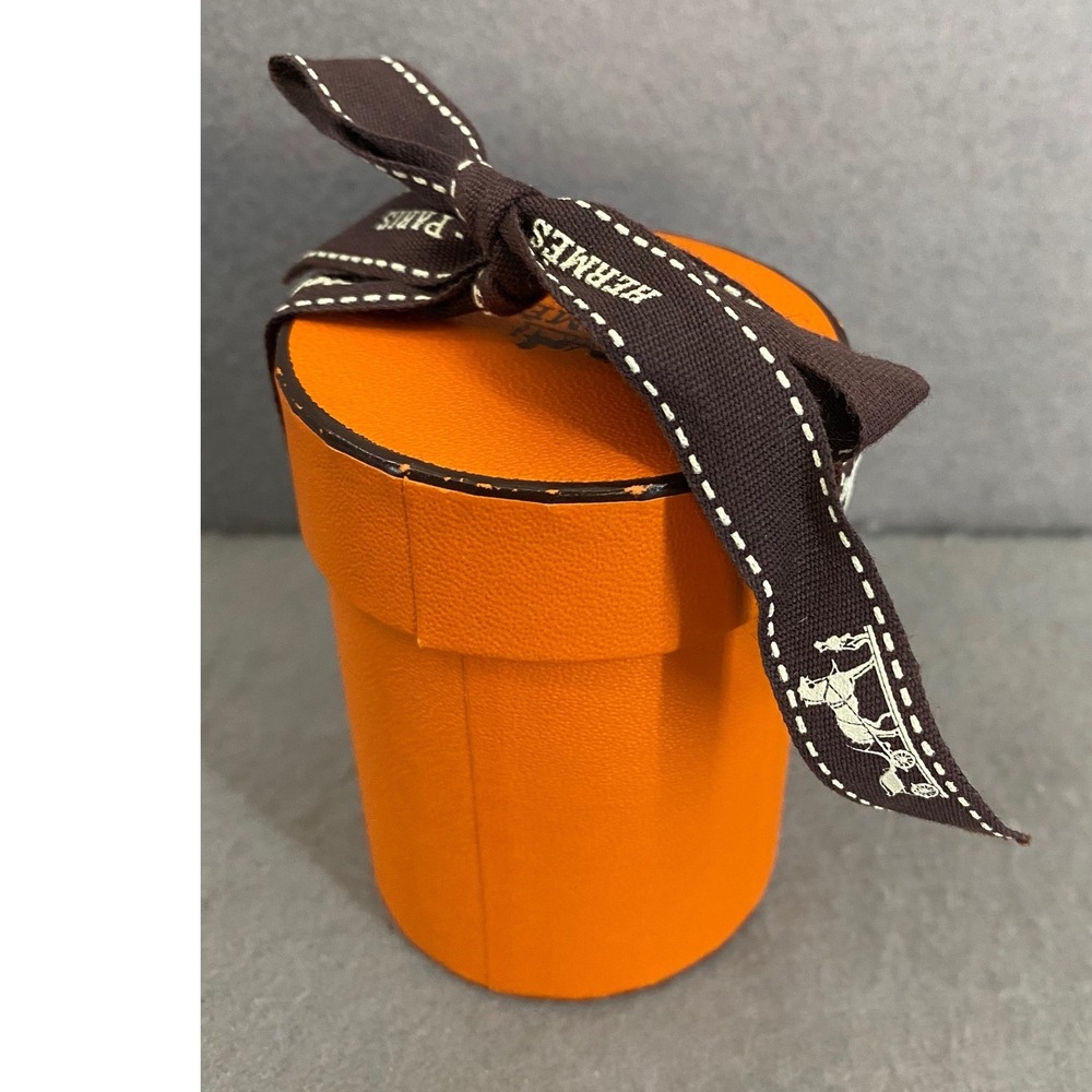 Hermes Orange Round Gift Box with Brown Bolduc Ribbon Small Cylindrical Storage